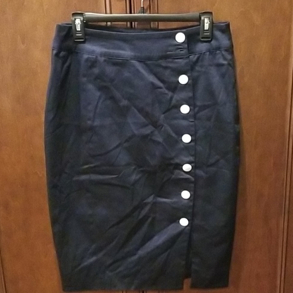 Make Mine Retro Navy Pencil Skirt Xtra Button Sz M